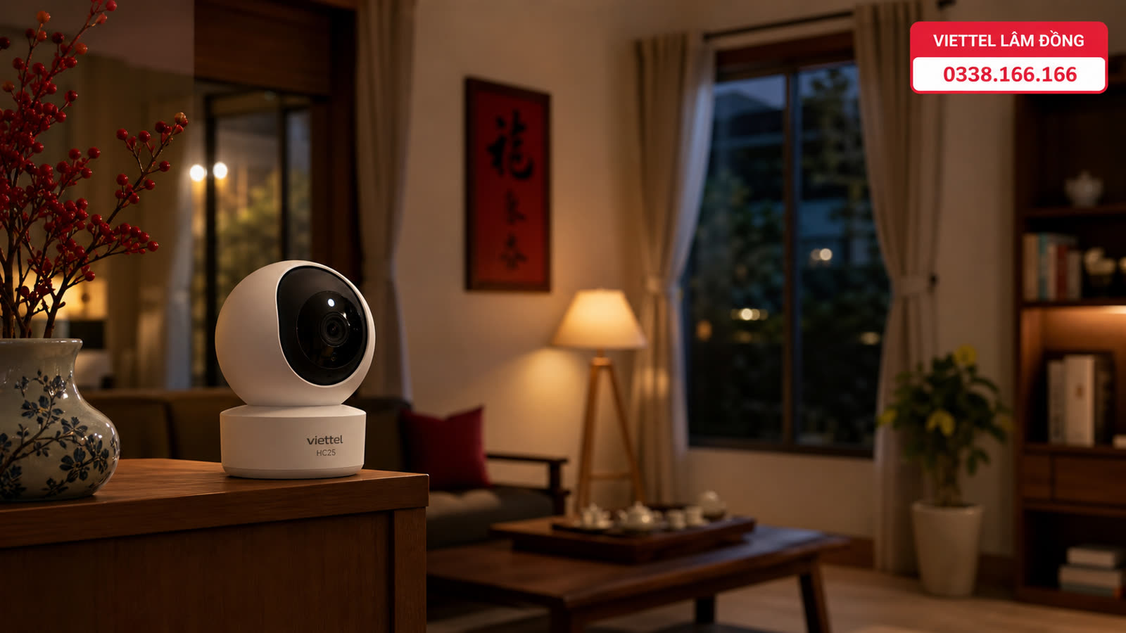 Camera HC25 trong phòng khách với ánh sáng buổi tối cân bằng