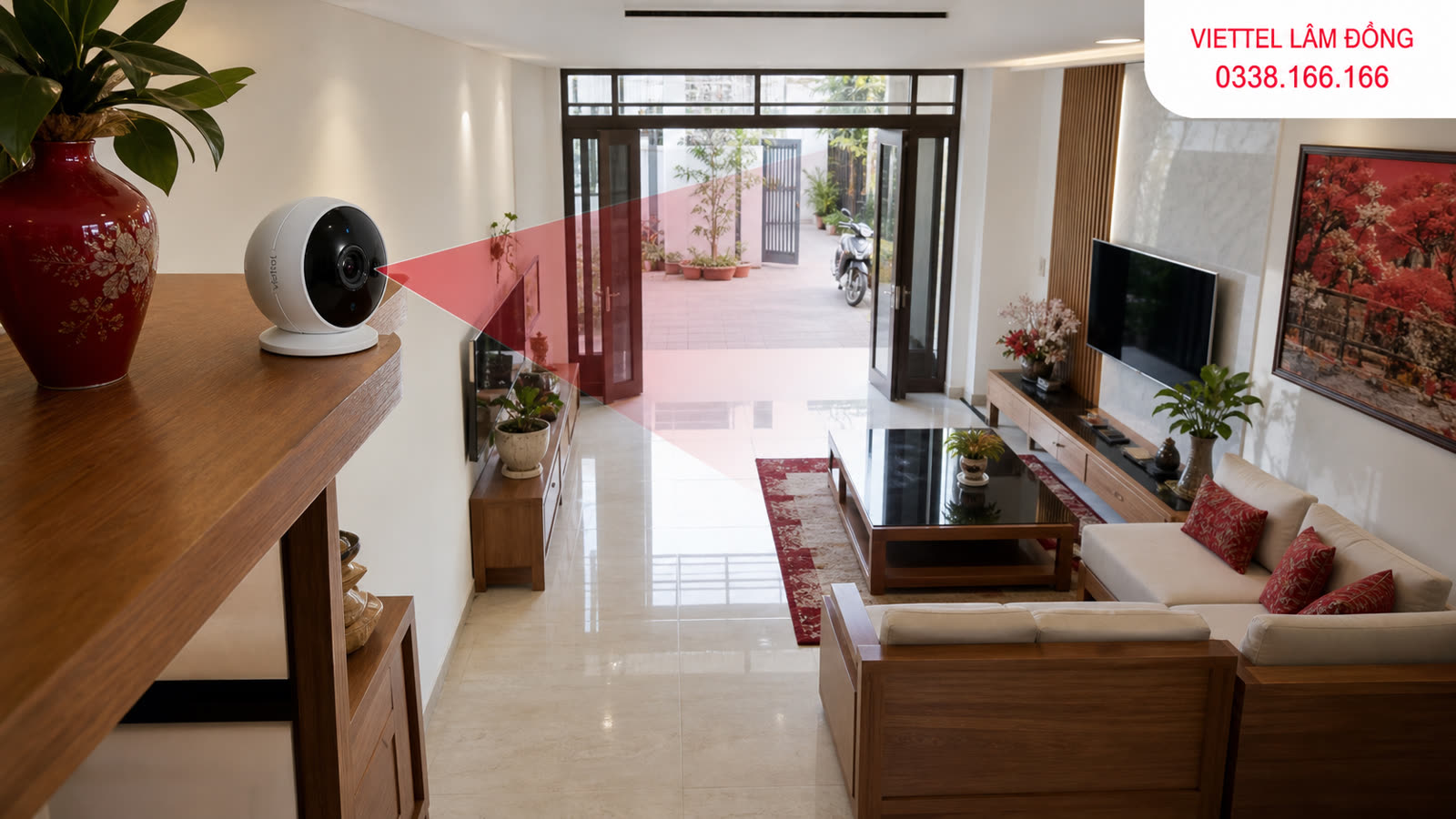 Vị trí đặt camera HC25 trong phòng khách để quan sát lối đi