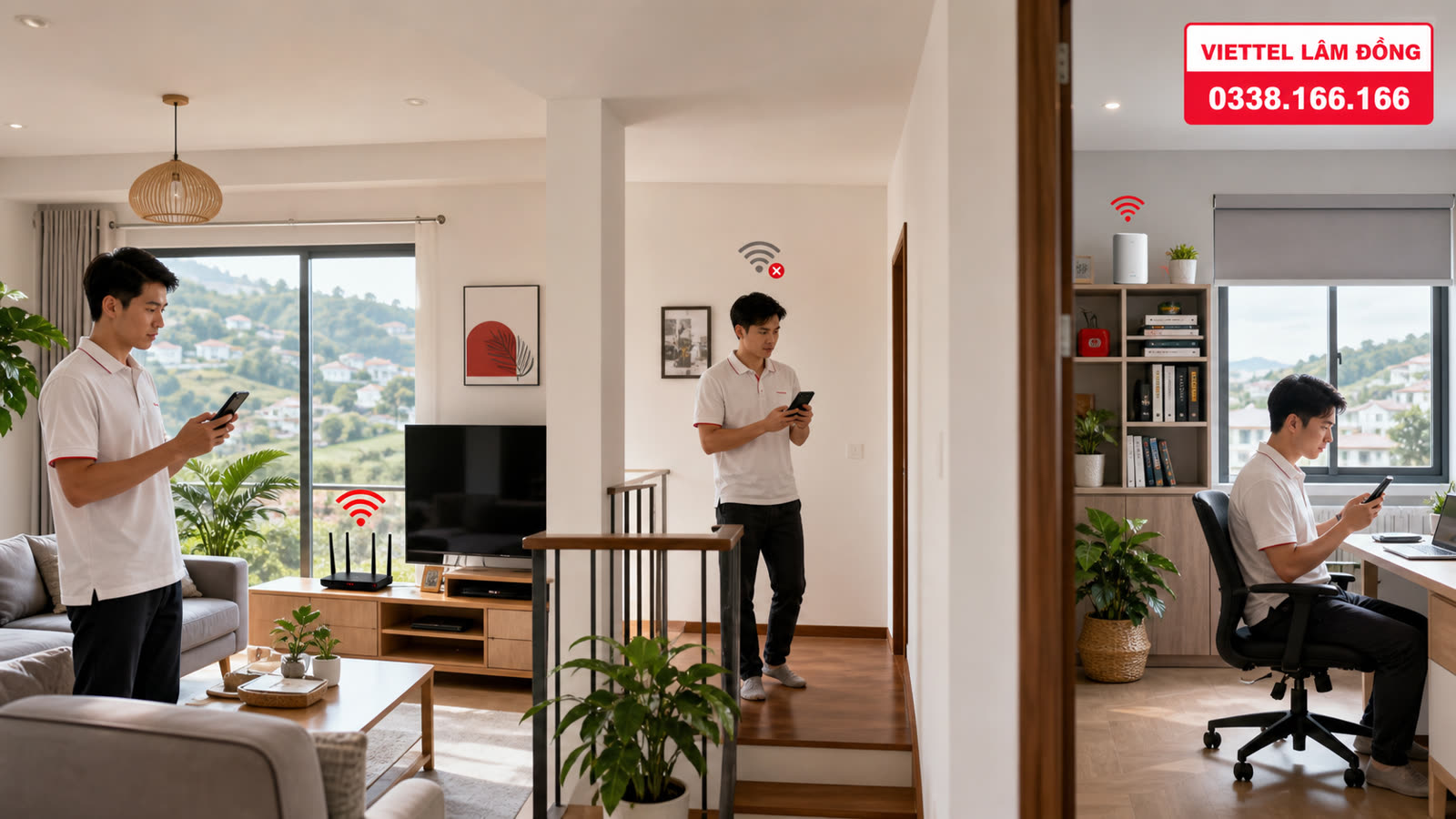 Kỹ thuật viên khảo sát vị trí lắp modem và Mesh WiFi Viettel