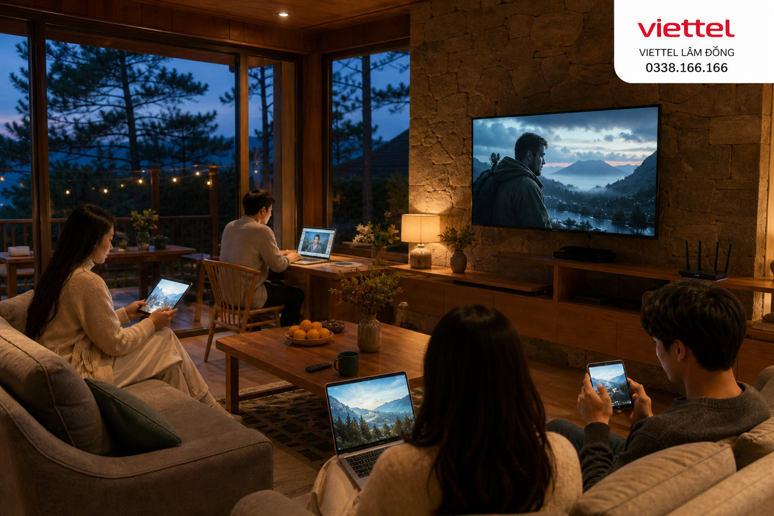 Khách dùng nhiều thiết bị tại khu sinh hoạt chung của homestay.