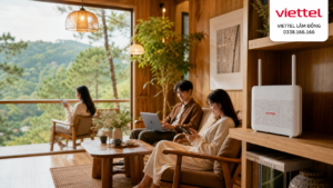 Homestay Lâm Đồng sử dụng Internet Viettel với thiết bị WiFi trong không gian lưu trú.