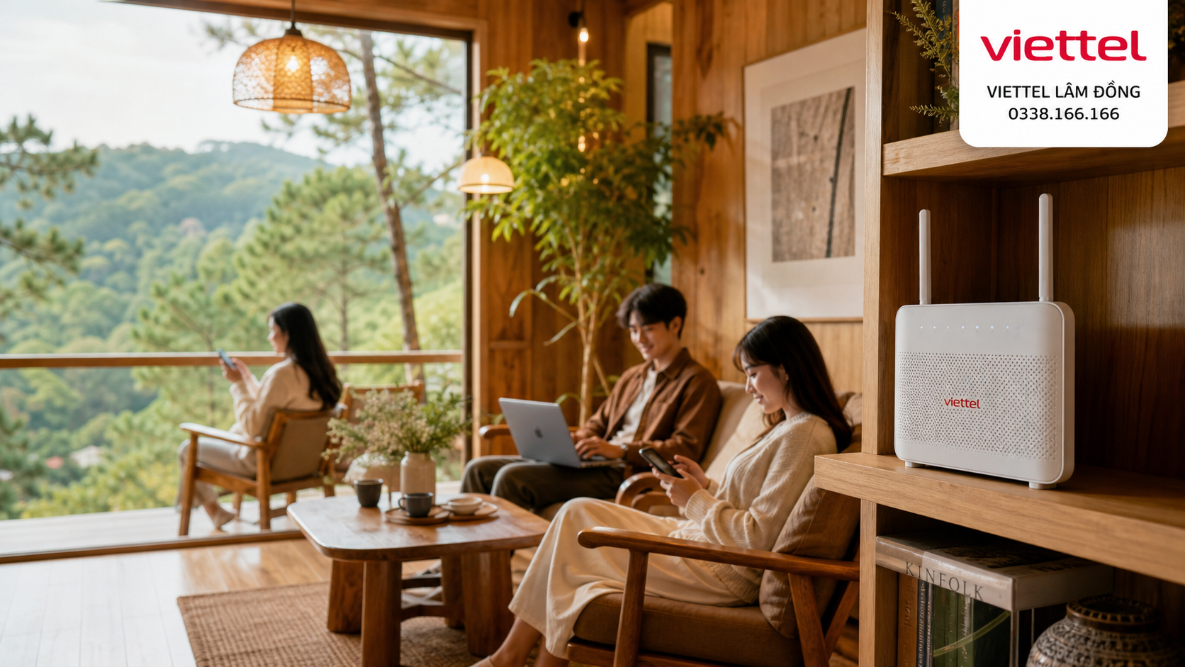 Homestay Lâm Đồng sử dụng Internet Viettel với thiết bị WiFi trong không gian lưu trú.