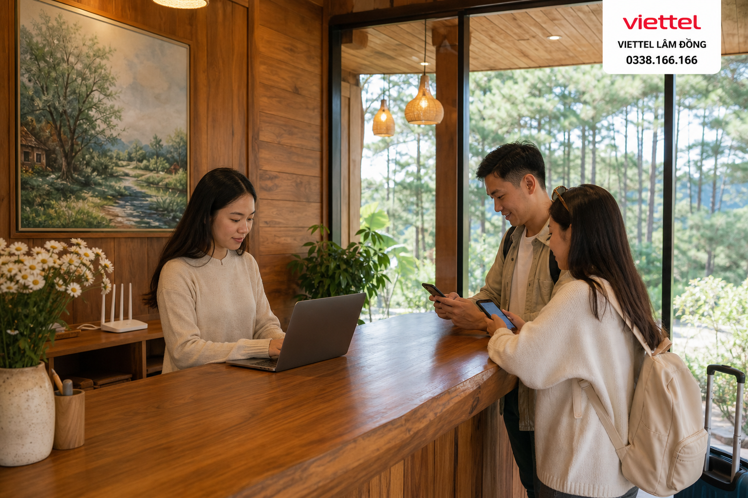 Khu lễ tân homestay sử dụng Internet cho công việc và khách check-in.