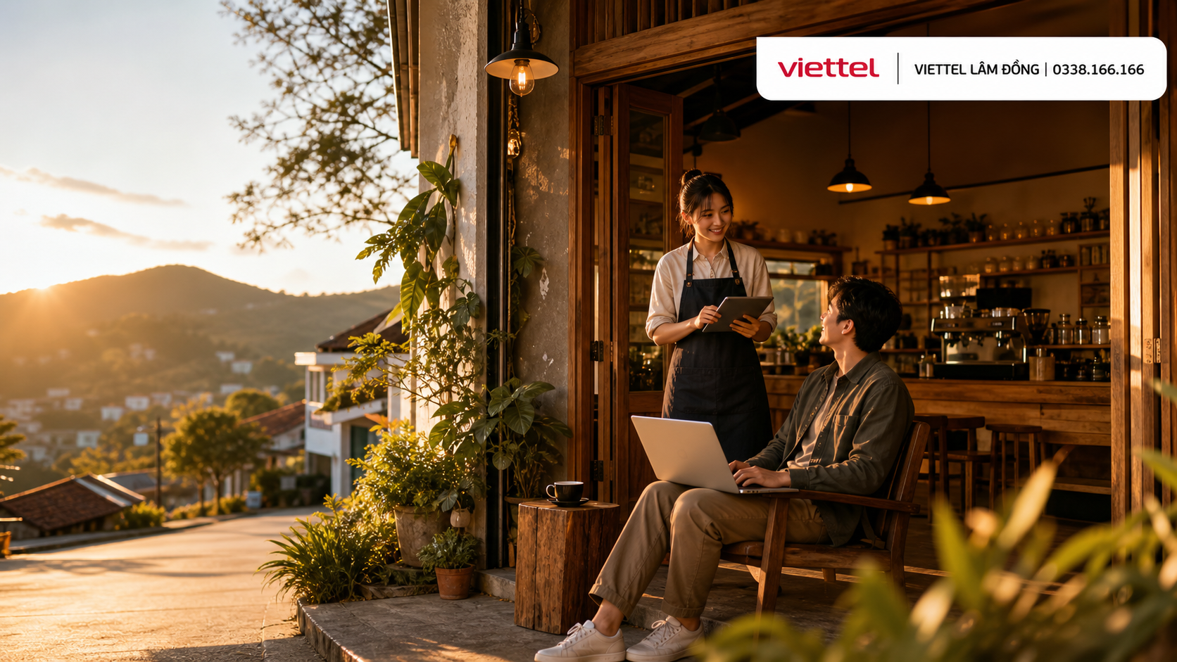 Không gian quán cà phê tại Lâm Đồng sẵn sàng nhận tư vấn Internet Viettel.