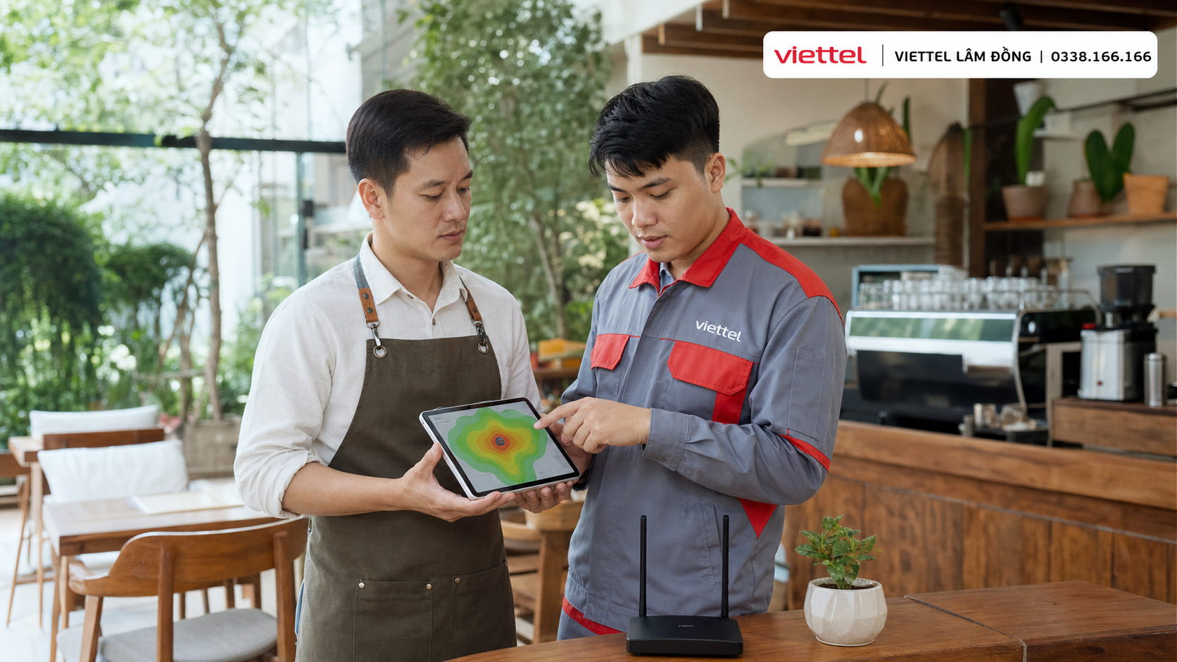 Chủ quán và kỹ thuật viên khảo sát vùng phủ WiFi trong không gian cà phê.
