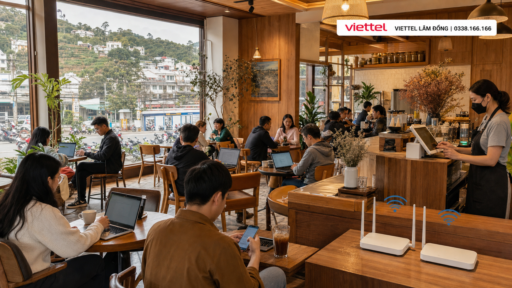 Khách sử dụng WiFi trong quán cà phê với không gian kết nối ổn định.