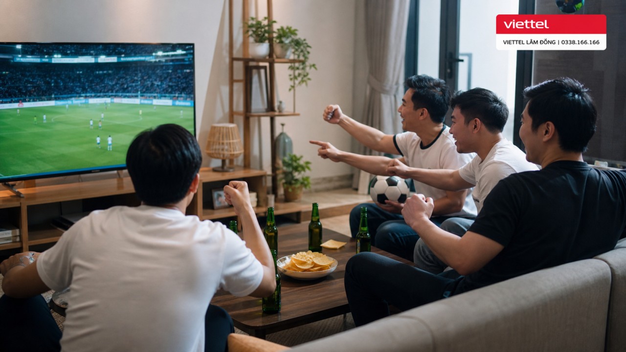 Gia đình xem thể thao trên TV tại nhà