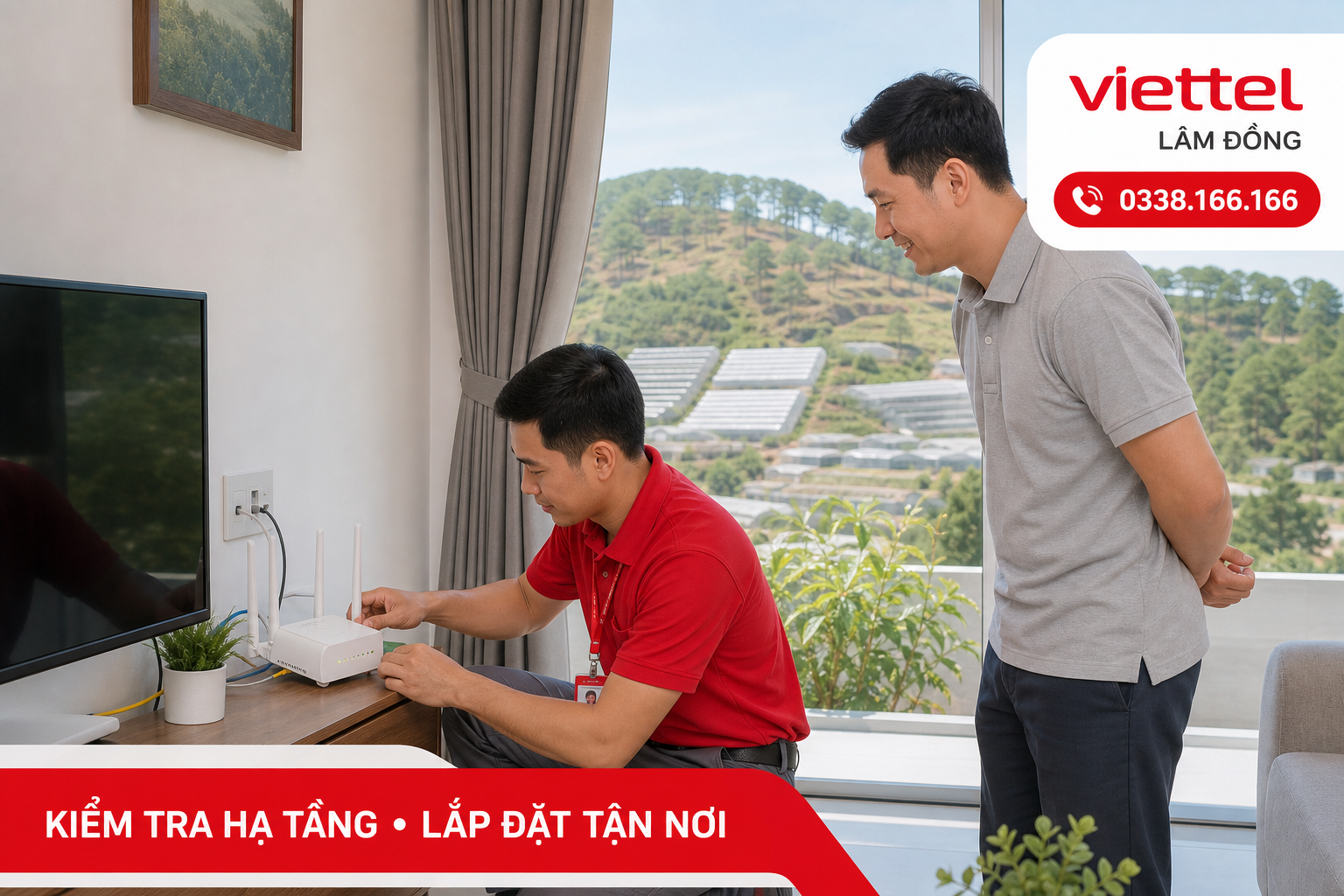 Kỹ thuật viên kiểm tra hạ tầng và lắp modem Internet tại Lâm Đồng