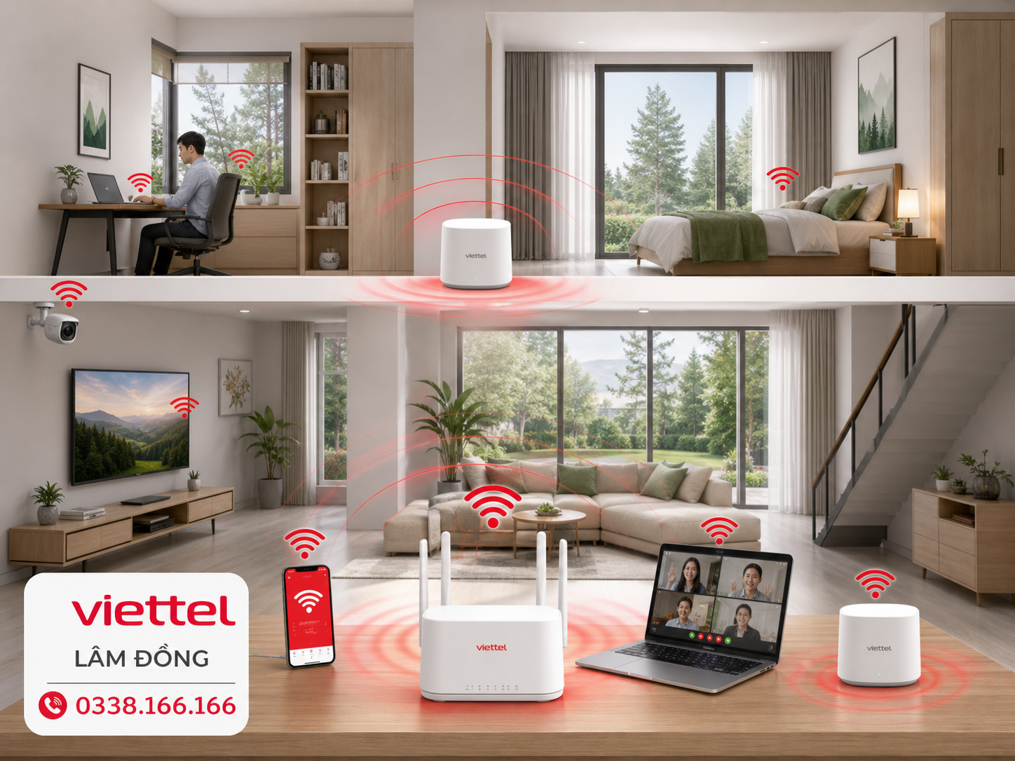 Minh họa hệ thống Mesh WiFi phủ sóng nhà nhiều tầng tại Lâm Đồng